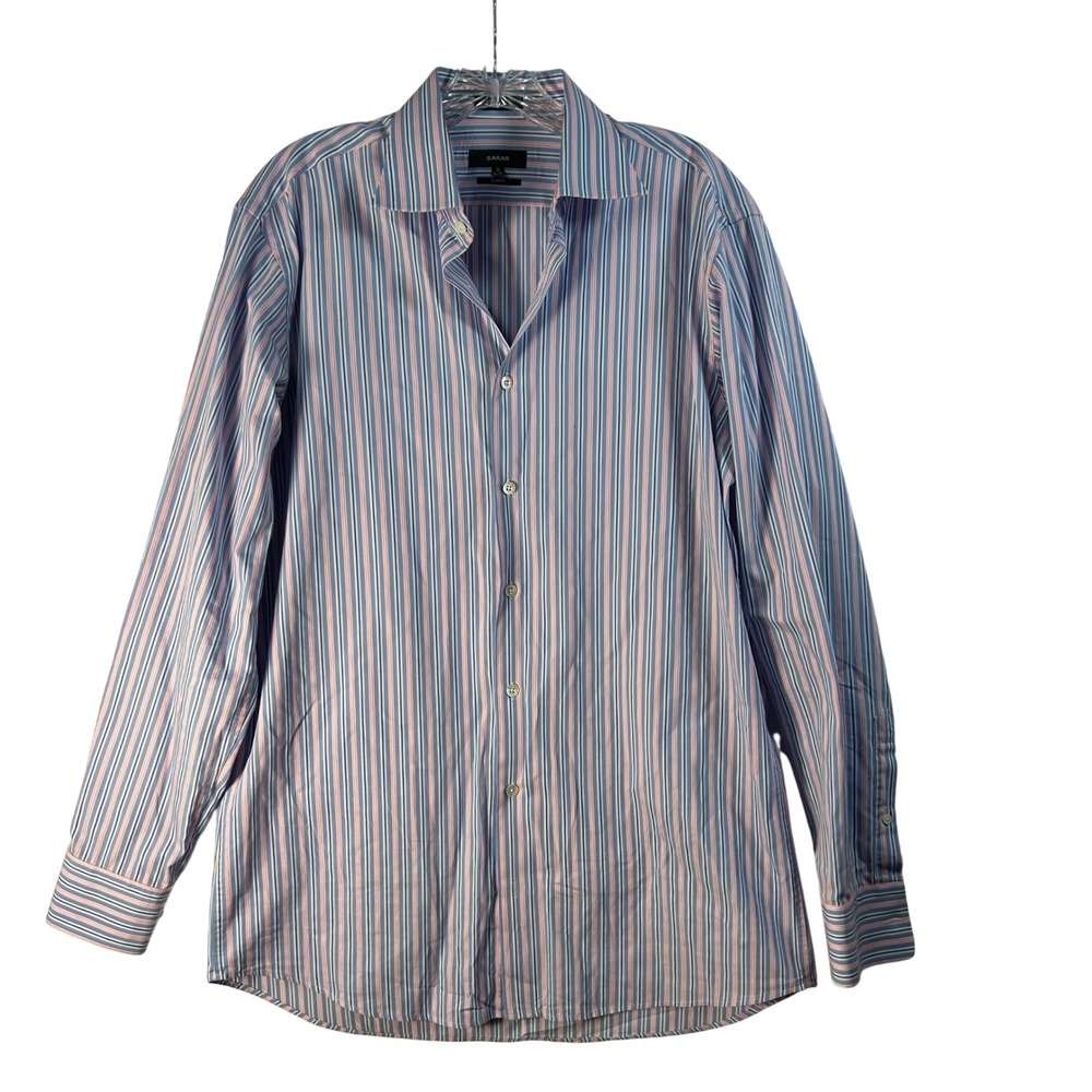 Sarar Mens Slim Fit Blue Pink Striped Dress Shirt 16 34/35‎ 100% Cotton Turkey